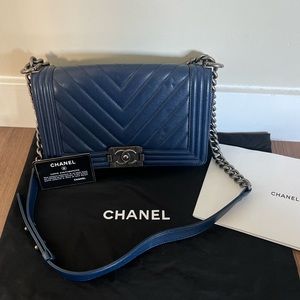 Authentic Chanel Medium Boy Bag Blue Chevron Caviar Silver Hardware